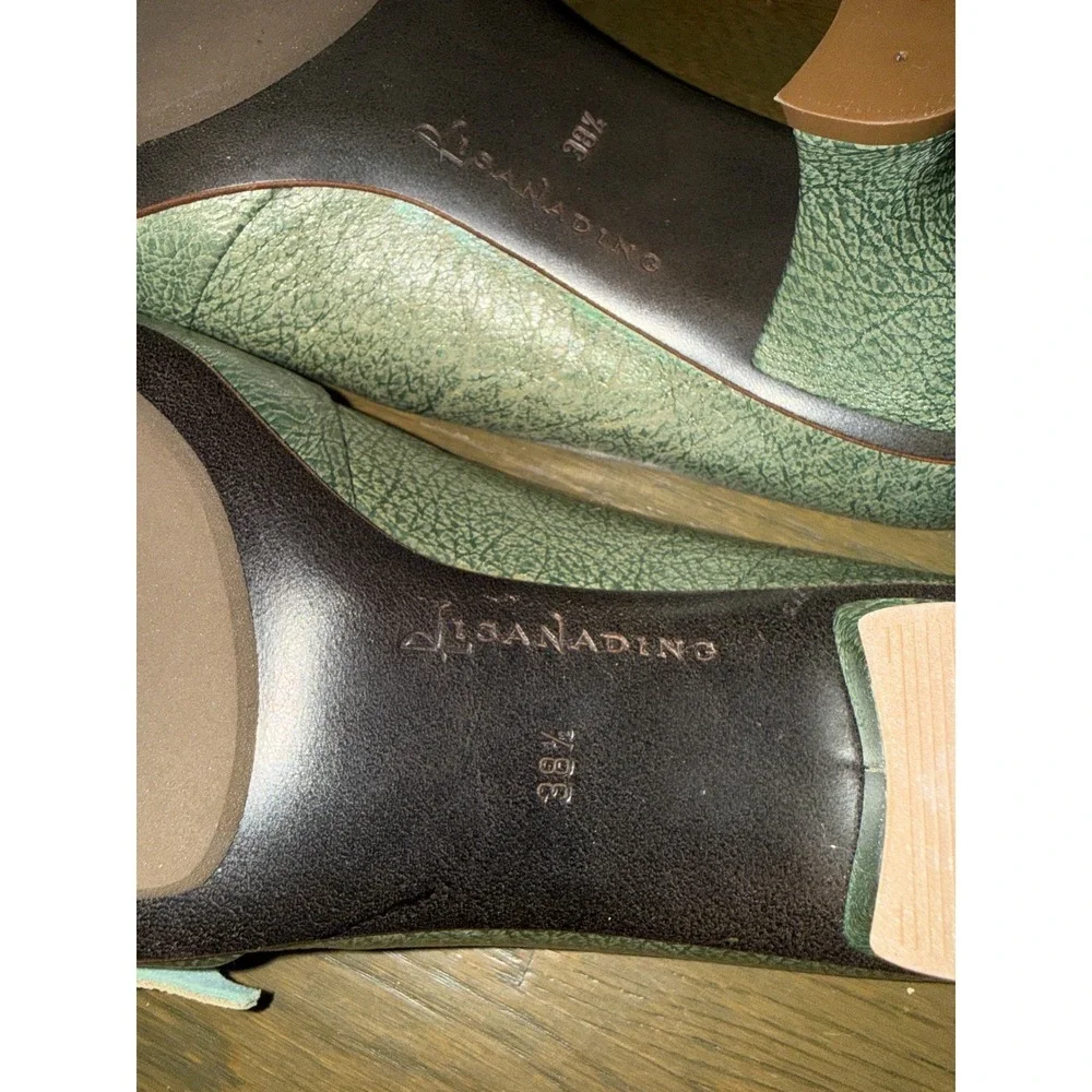 Lisa Nading Green Metallic Textured Leather Kitten Heel Bow Pumps Size 38.5